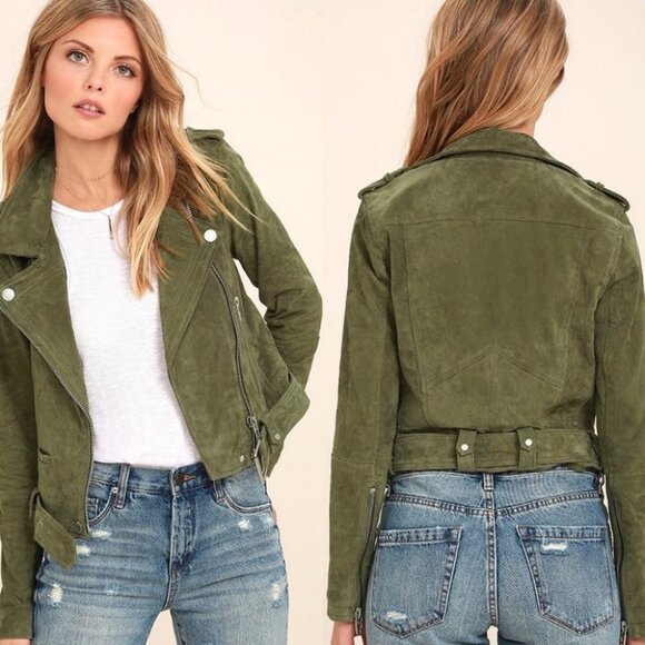 BlankNYC 100% Leather Green Moto Biker Jacket Suede Size XS Silver Hardware Boho - Picture 2 of 16